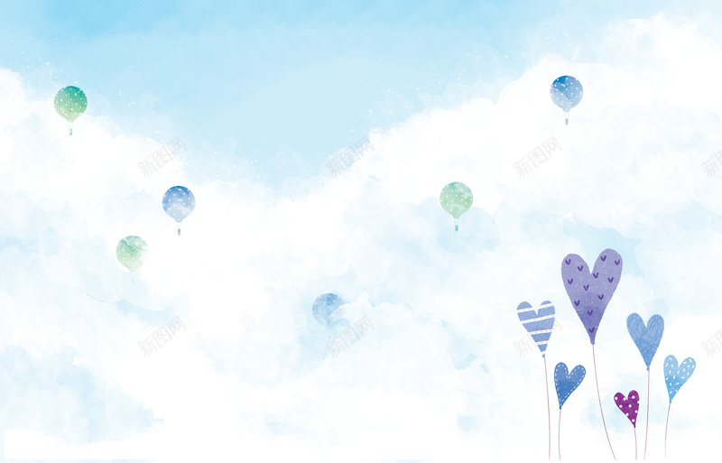 蓝色心形气球背景psd设计背景_新图网 https://ixintu.com 蓝色 心形 气球 云朵 水彩 手绘 卡通 童趣