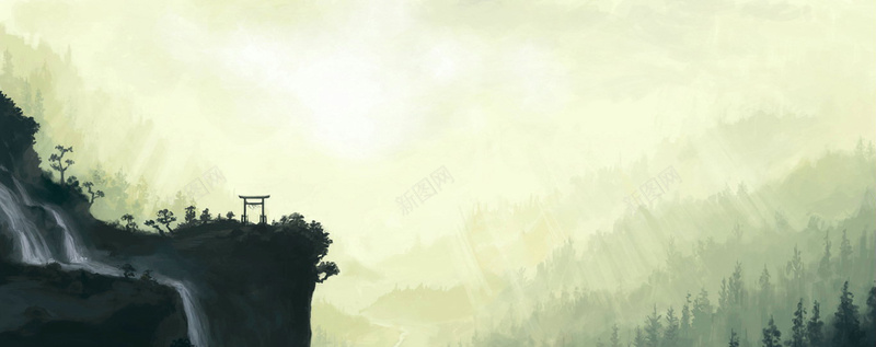手绘水彩中国风高山上的寺庙背景