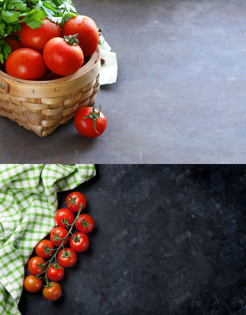 红色新鲜番茄背景jpg设计背景_新图网 https://ixintu.com 西红柿 叶子 篮子 小番茄 水果蔬菜 带叶子的小番茄