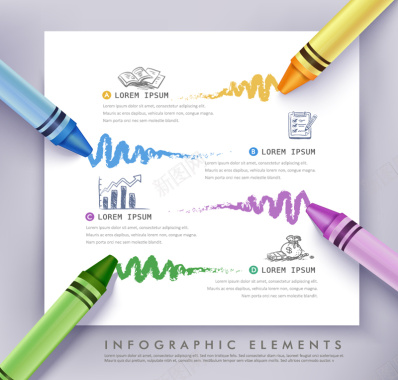 四色蜡笔涂鸦商务信息图矢量图背景