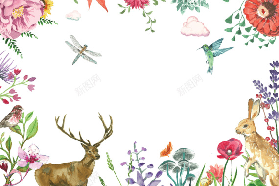 手绘淡雅水彩花卉动物海报背景素材背景