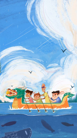 端午节龙舟水纹样素材可爱端午节手绘背景高清图片