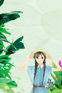 浅绿色手绘女生节少女春天海报背景