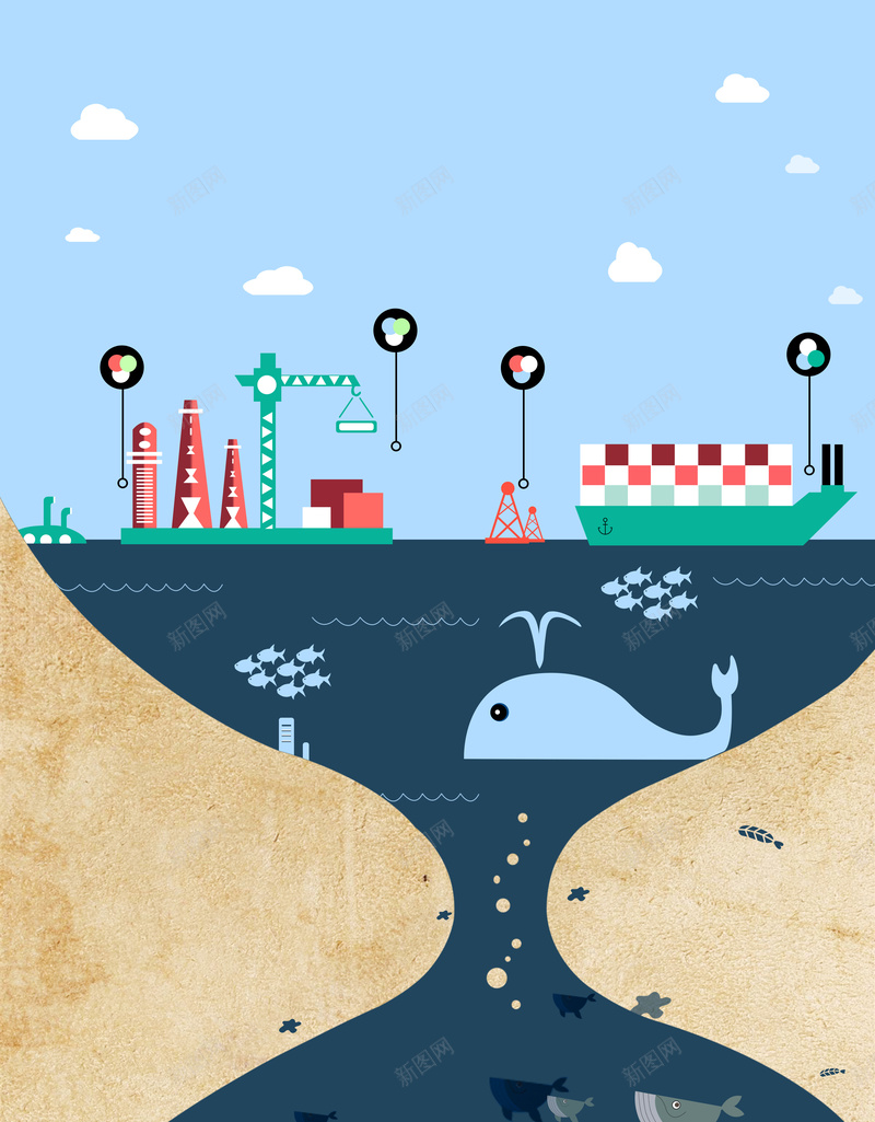 海洋创意平面海报设计psd设计背景_新图网 https://ixintu.com 海洋 鲨鱼 船 基地 沙地 创意平面 云朵 卡通 扁平 渐变 几何