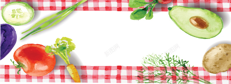 手绘蔬菜红格子背景海报背景