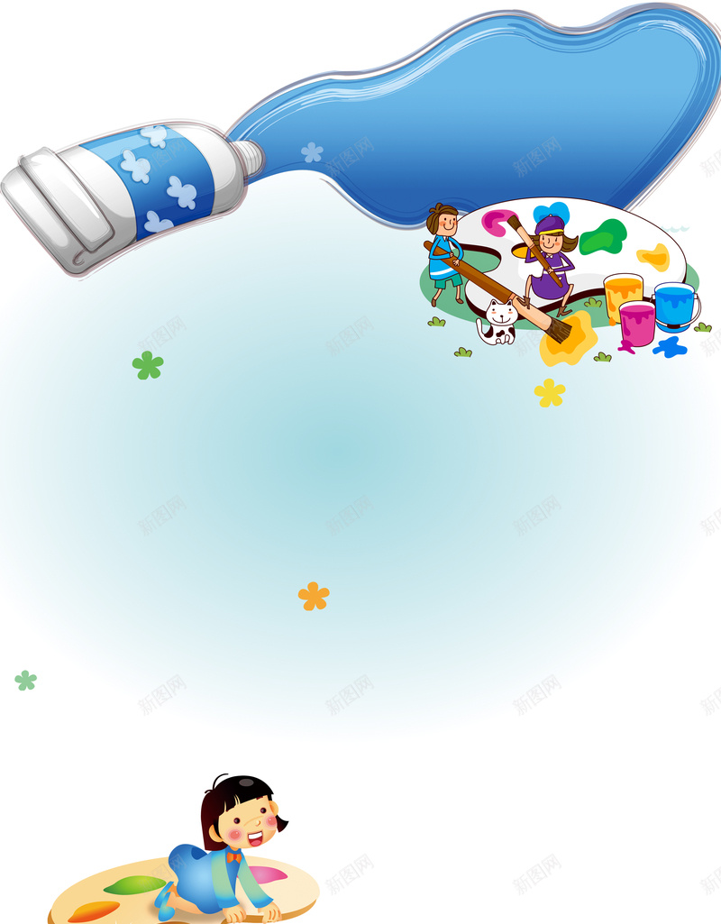 卡通儿童美术培训蓝色背景素材psd设计背景_新图网 https://ixintu.com 儿童 卡通 绘画 美术 颜料 水彩画 蓝色 背景 花朵 画画 培训
