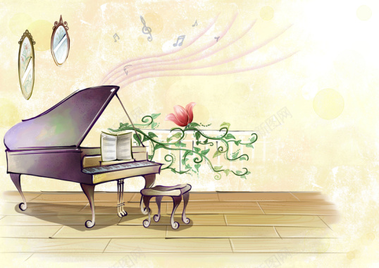 水彩钢琴手绘背景背景