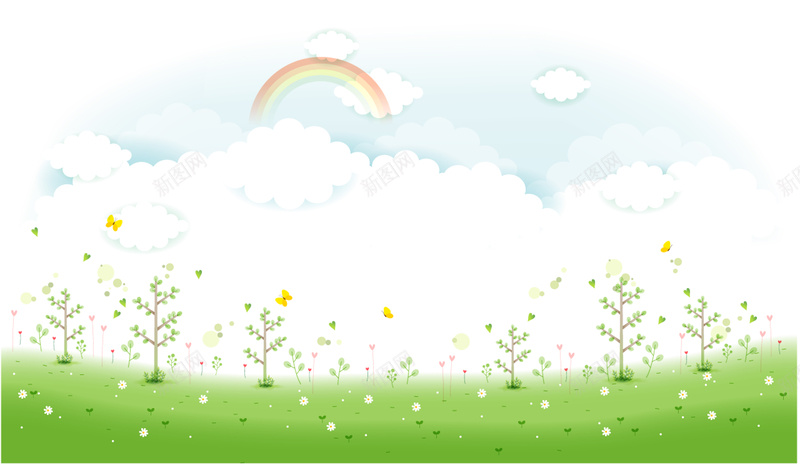 卡通绿色树木背景psd设计背景_新图网 https://ixintu.com 云朵 卡通 树木 绿色 花草 彩虹 童趣 手绘