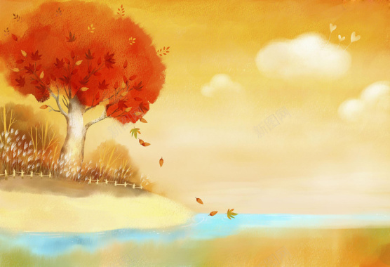 手绘唯美枫树秋季平面广告背景