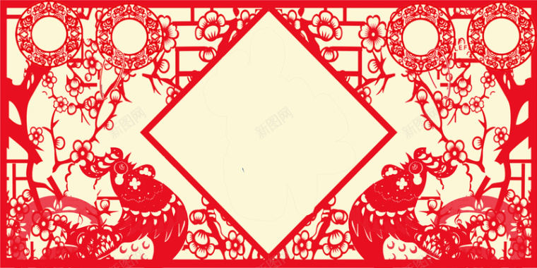 中国风红色鸡年剪纸春节背景素材背景