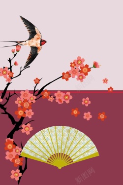环保邀请函和风日本手绘扇子燕子红色激情喜庆广告背景高清图片