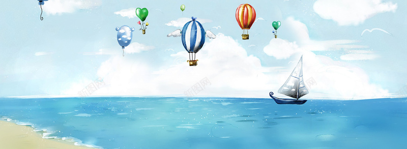 卡通热气球海滩唯美背景banner背景