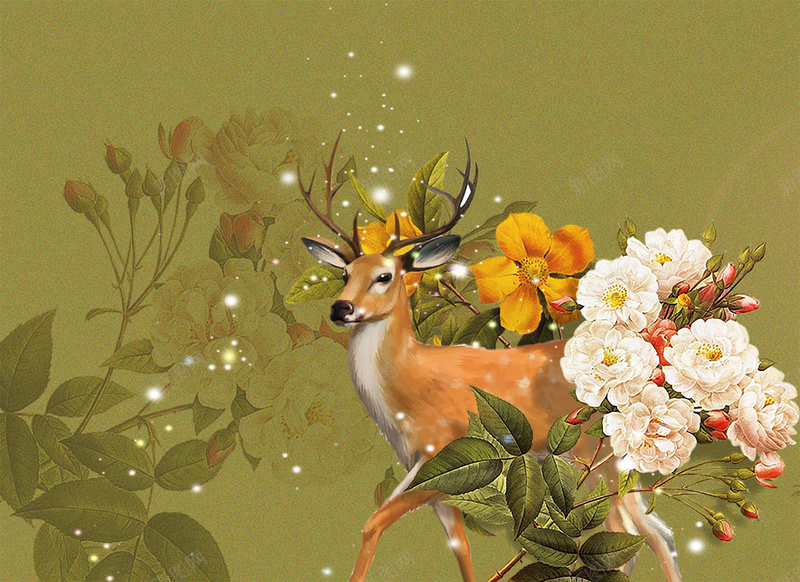 麋鹿花朵牡丹中国风psd设计背景_新图网 https://ixintu.com 中国风 牡丹 绿色 花朵 麋鹿 叶子 鹿 高贵 优雅