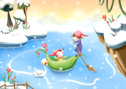 划船卡通人物冰雪童话世界高清图片