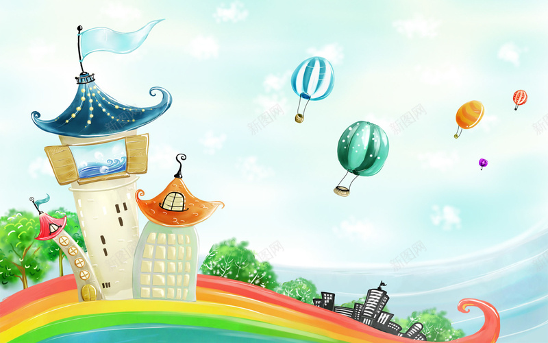 彩虹上的小镇背景jpg设计背景_新图网 https://ixintu.com 热气球 卡通 小镇 彩虹