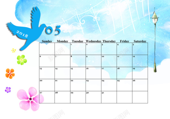 蓝色卡通飞鸟日历月历表商务背景素材背景