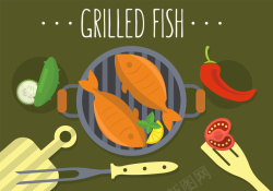 烤鱼广告可爱儿童画风格烤鱼海报手绘背景素材高清图片