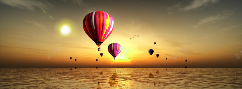 旅游海上热气球夕阳下唯美背景banner背景