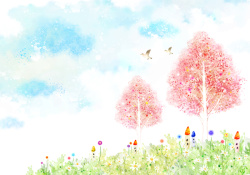 树木花草与小鸟乐器等手绘红色树木背景高清图片
