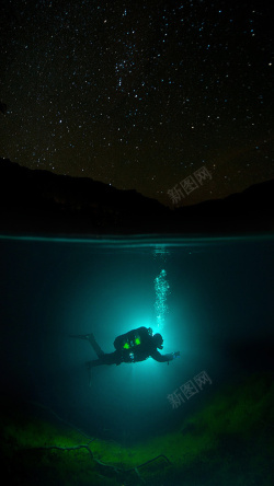 蓝绿黑色卡通夜晚潜水H5背景素材高清图片