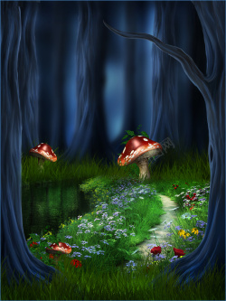 蘑菇浪漫魔幻森林蘑菇童话背景高清图片