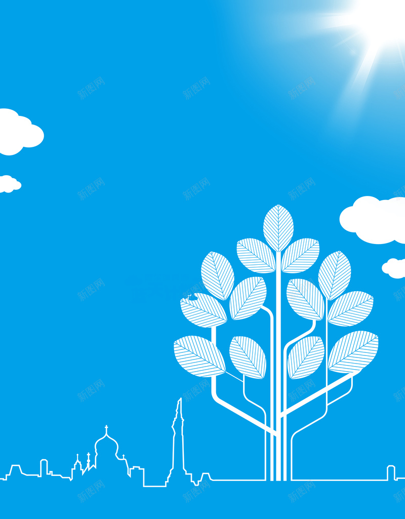 卡通简单蓝色背景素材psd设计背景_新图网 https://ixintu.com 卡通 树叶 树木 简单 蓝色 线描城市 房屋轮廓 阳光 白云 背景素材