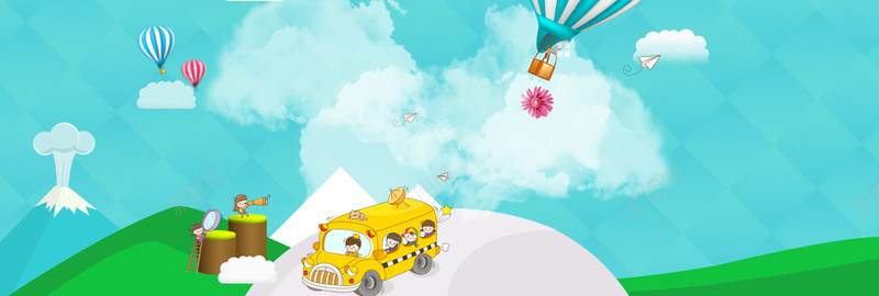 bannerpsd设计背景_新图网 https://ixintu.com 海报banner 热气球 卡通 小孩 汽车 童趣 手绘