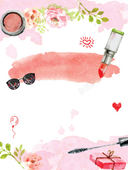 花朵透明口红小清新水彩38女神节化妆品促销海报背景高清图片