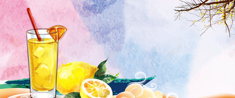 盛夏柠檬汁手绘水彩背景背景