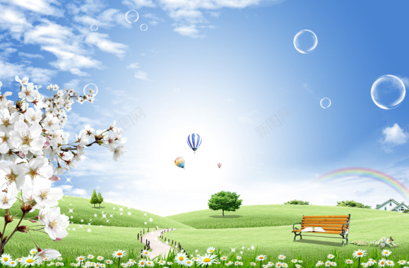 蓝天白云下草地上杏花彩红透明气泡图片背景
