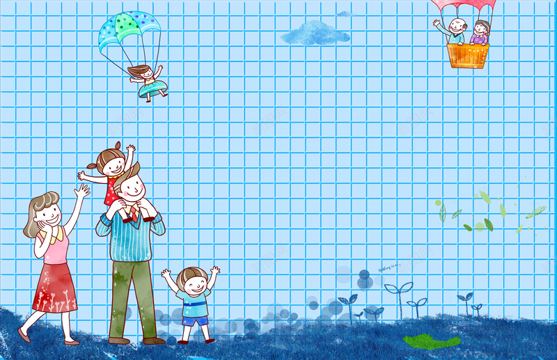 卡通一家人蓝色背景素材psd设计背景_新图网 https://ixintu.com 一家人 卡通 格子 背景 蓝色 热气球 二胎 家庭 和睦 幸福 美满 云朵