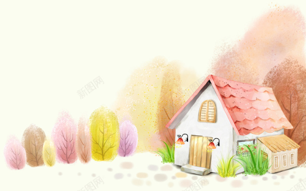粉色手绘小屋背景背景