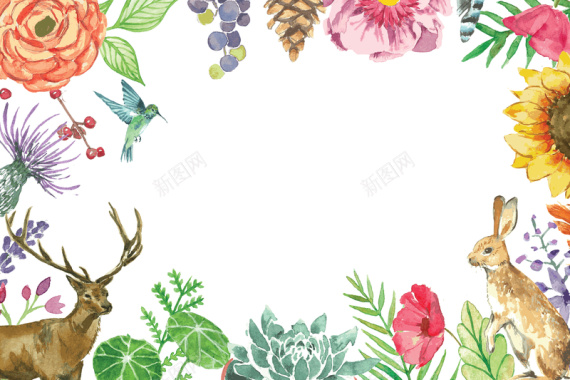 手绘水彩小动物花卉卡片背景背景