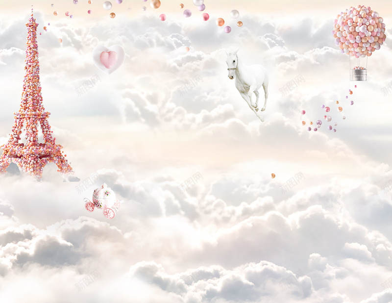 巴黎铁塔浪漫展板psd设计背景_新图网 https://ixintu.com 巴黎铁塔 热气球 气球 浪漫 白色 梦幻