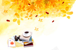 秋天咖啡秋季休闲咖啡水墨花朵海报背景素材高清图片