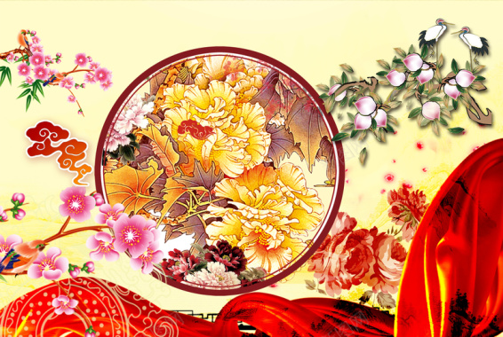 中国风中式花格里的富贵牡丹春节背景素材背景