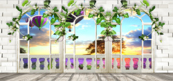 紫色墙砖窗外美景图高清图片
