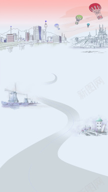 手绘卡通素描热气球城市简约大气H5背景图背景