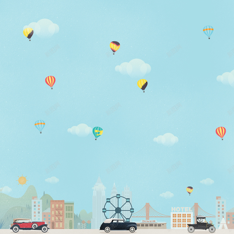 手绘蓝天氢气球楼房jpg设计背景_新图网 https://ixintu.com 手绘 卡通 蓝色 热气球 城市 汽车 背景 海报