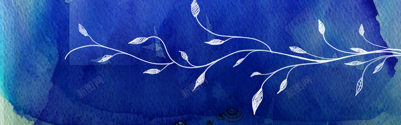 蓝色水彩背景手绘树叶背景