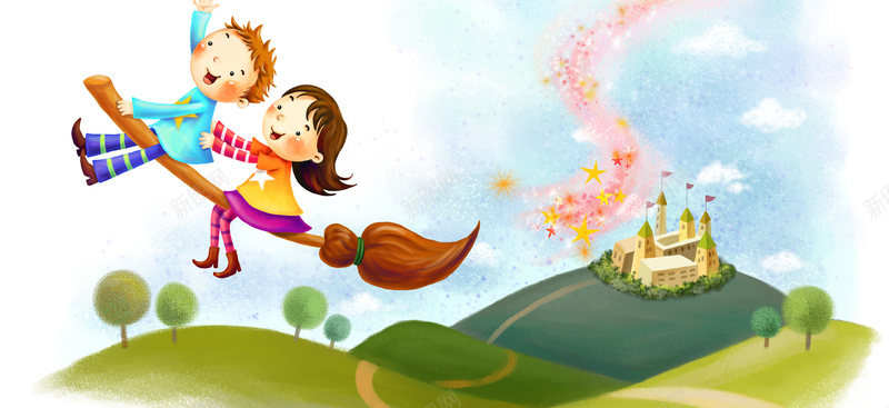 魔法背景jpg设计背景_新图网 https://ixintu.com 插画 城堡 小孩 扫把 墨迹 清新 海报banner 卡通 童趣 手绘