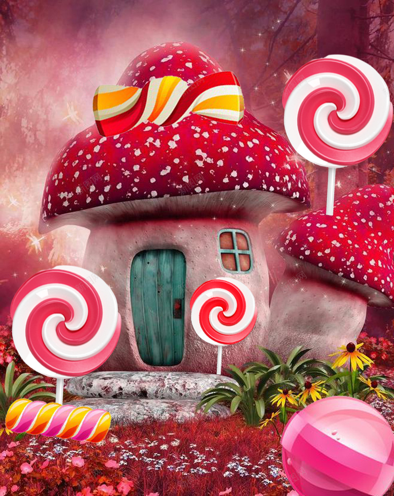 糖果屋外面的棒棒糖psd设计背景_新图网 https://ixintu.com 彩色 梦幻 棒棒糖 浪漫 渐变 甜蜜糖果屋 粉色 糖果屋 红色 蘑菇屋
