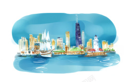 海滨城市水彩画背景素材背景