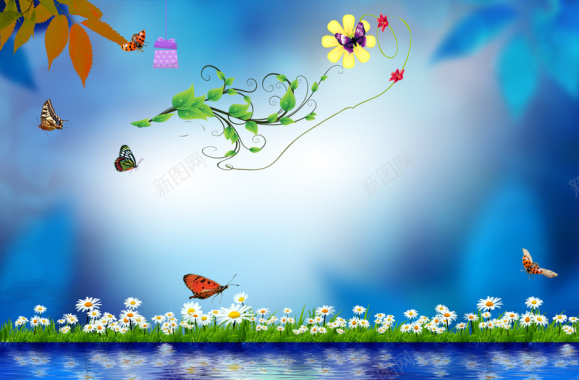 卡通叶子花朵礼物盒蓝色背景素材背景