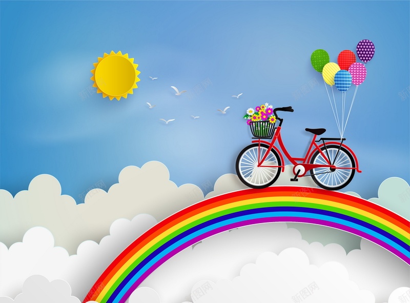 彩虹上的单车背景素材jpg设计背景_新图网 https://ixintu.com 花 风景 天空 单车 彩虹 彩虹上的单车 气球束 太阳 云朵 海报 平面 广告 背景 矢量 AI 素材 模板