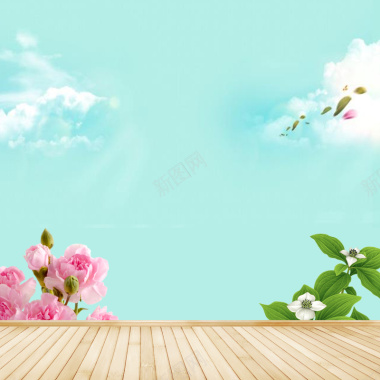 唯美蓝天白云浪漫粉色玫瑰绿草地板背景素材背景