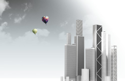 现代写字楼热气球高楼大厦海报背景素材高清图片