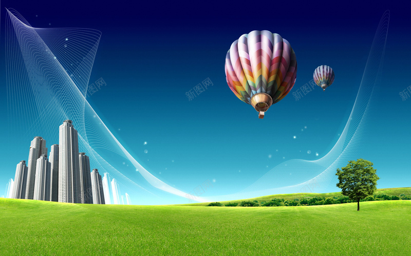 天空草地背景jpg设计背景_新图网 https://ixintu.com 热气球 天空 建筑 炫色 草地 树木 摄影 风景