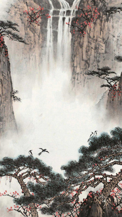 手手机风景拍照瀑布水墨山水瀑布手机端H5背景高清图片