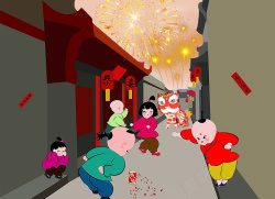 喜气节日中国风春节孩童在弄堂里放鞭炮背景素材高清图片
